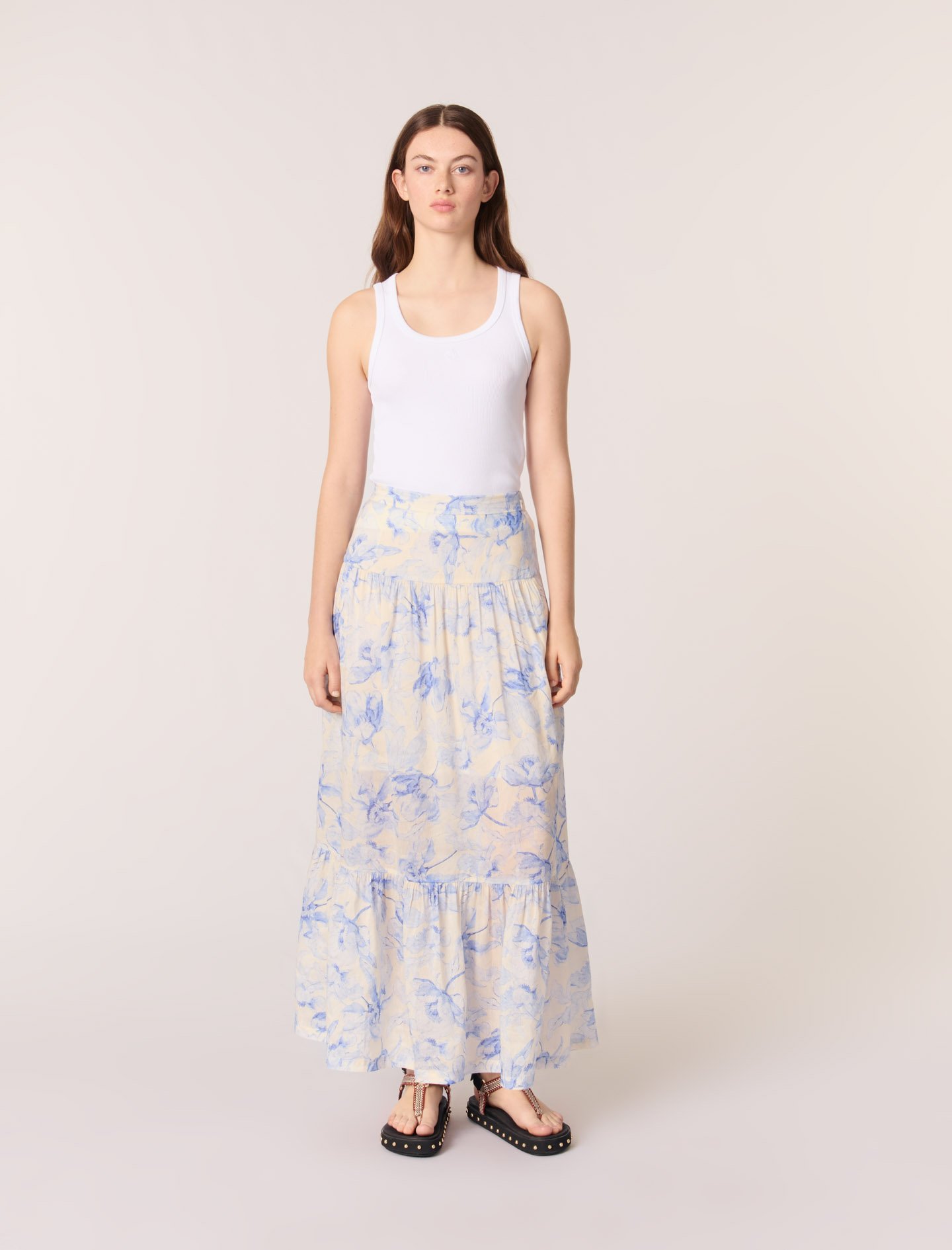 Woman
s linen, Floral maxi skirt for Spring/Summer, size Woman-All Styles-US XL / FR 41, in color Blue flower print ecru base /