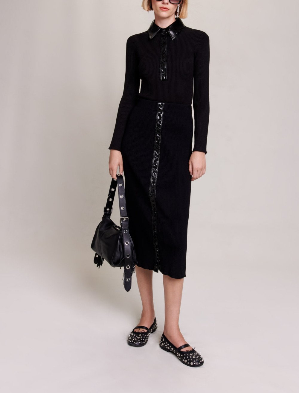 Maje Woman's viscose Knit maxi skirt for Fall/Winter, in color Black / Black