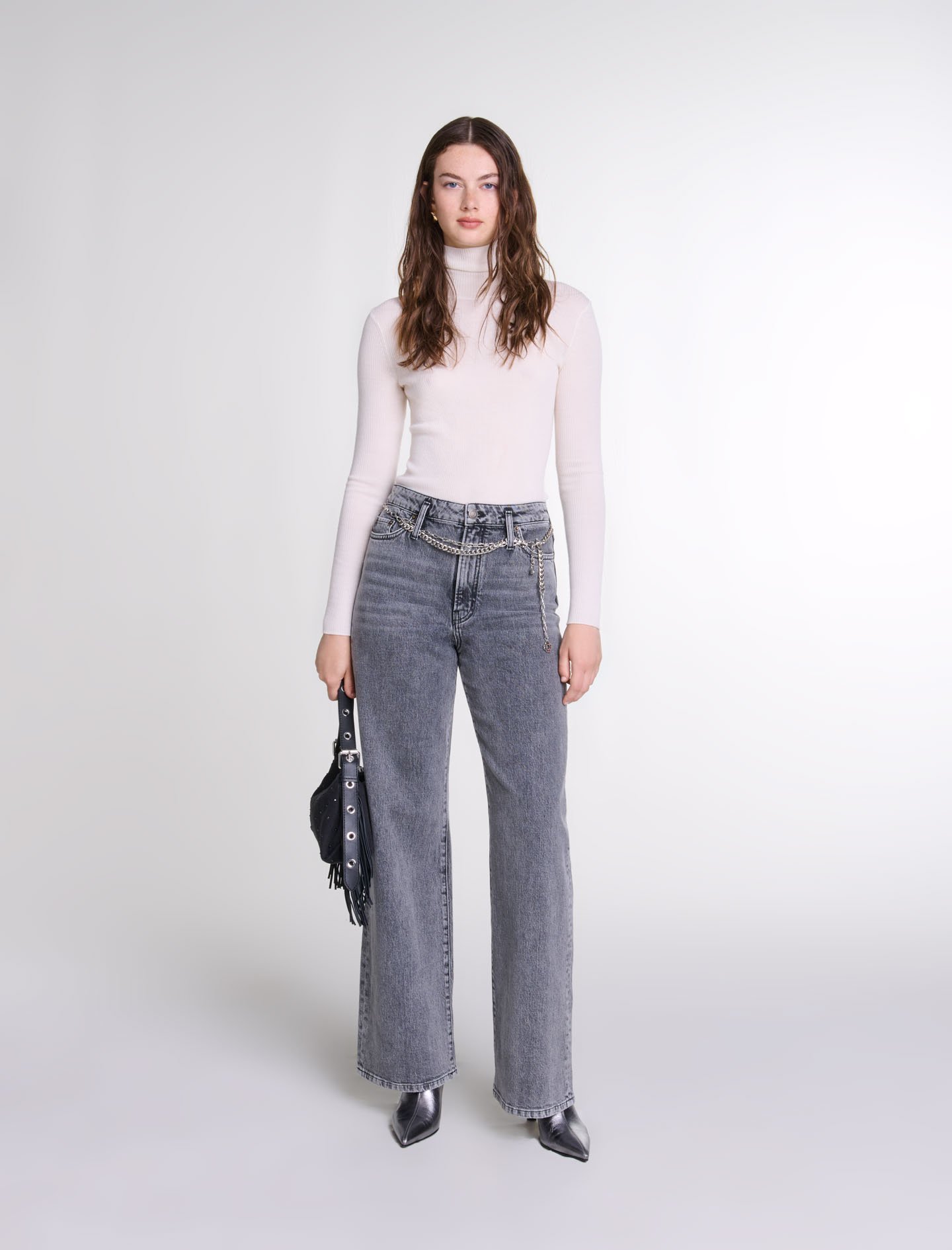 Woman's cotton, Wide-leg jeans with chain-link belt, size Woman-Fall-Winter Pre Collection-US L / FR 40, in color Grey / Grey