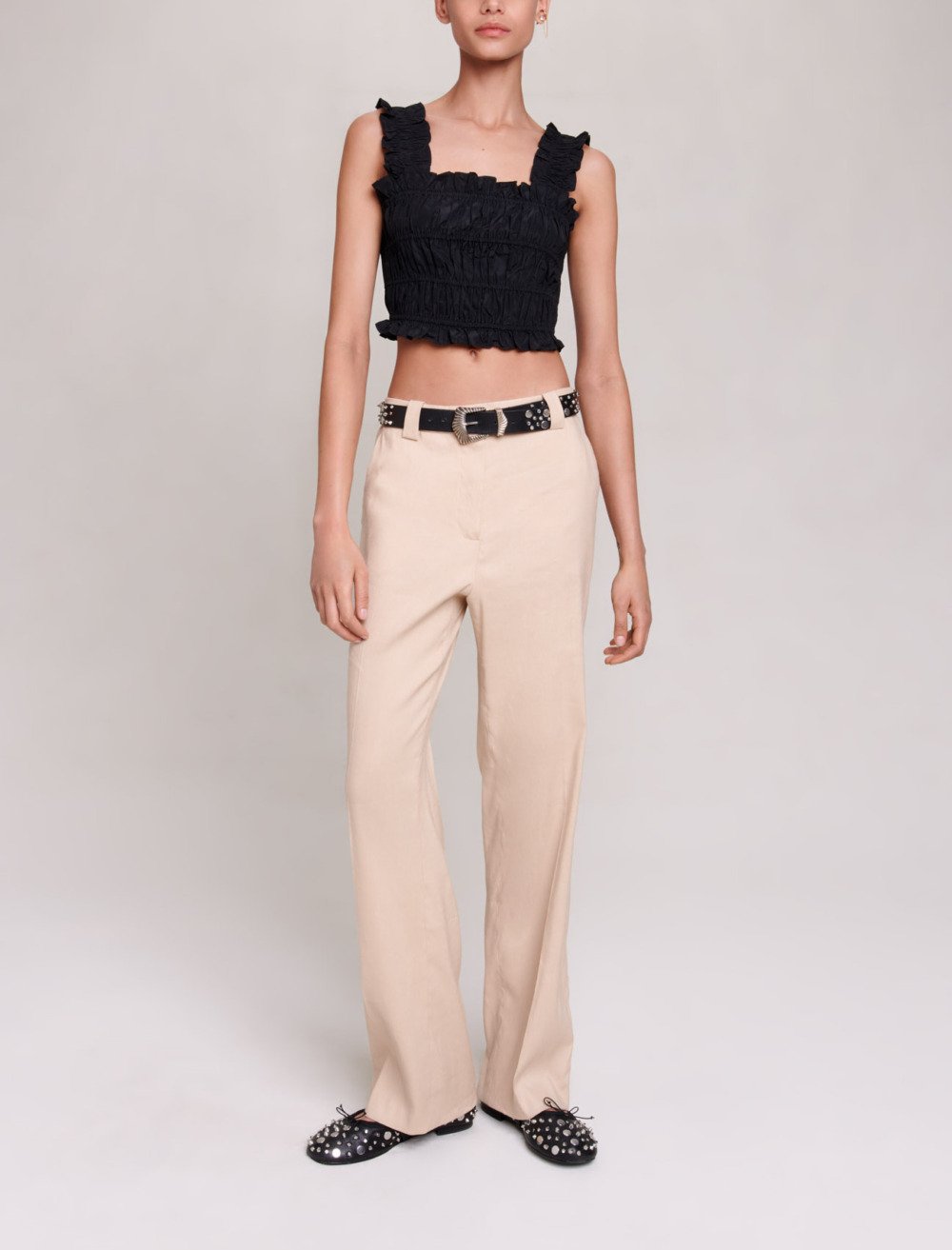 Maje Woman's polyester Smocked cropped top for Fall/Winter, in color Black / Black