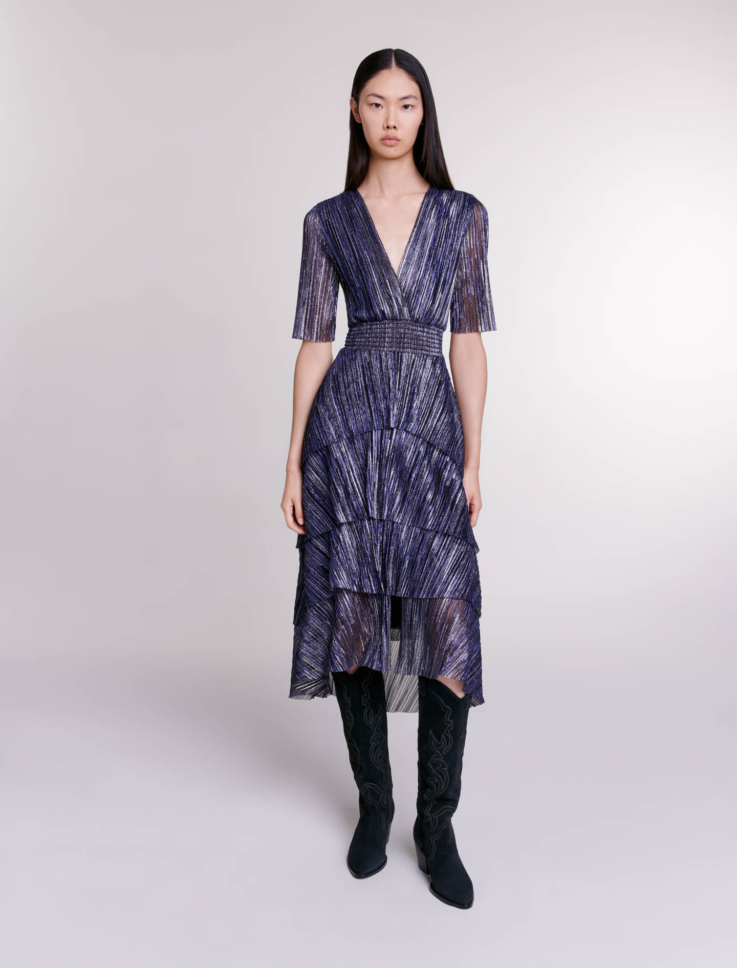 Maje Woman's polyester, Full lamé dress with ruffles for Spring/Summer, in color Navy / Blue
