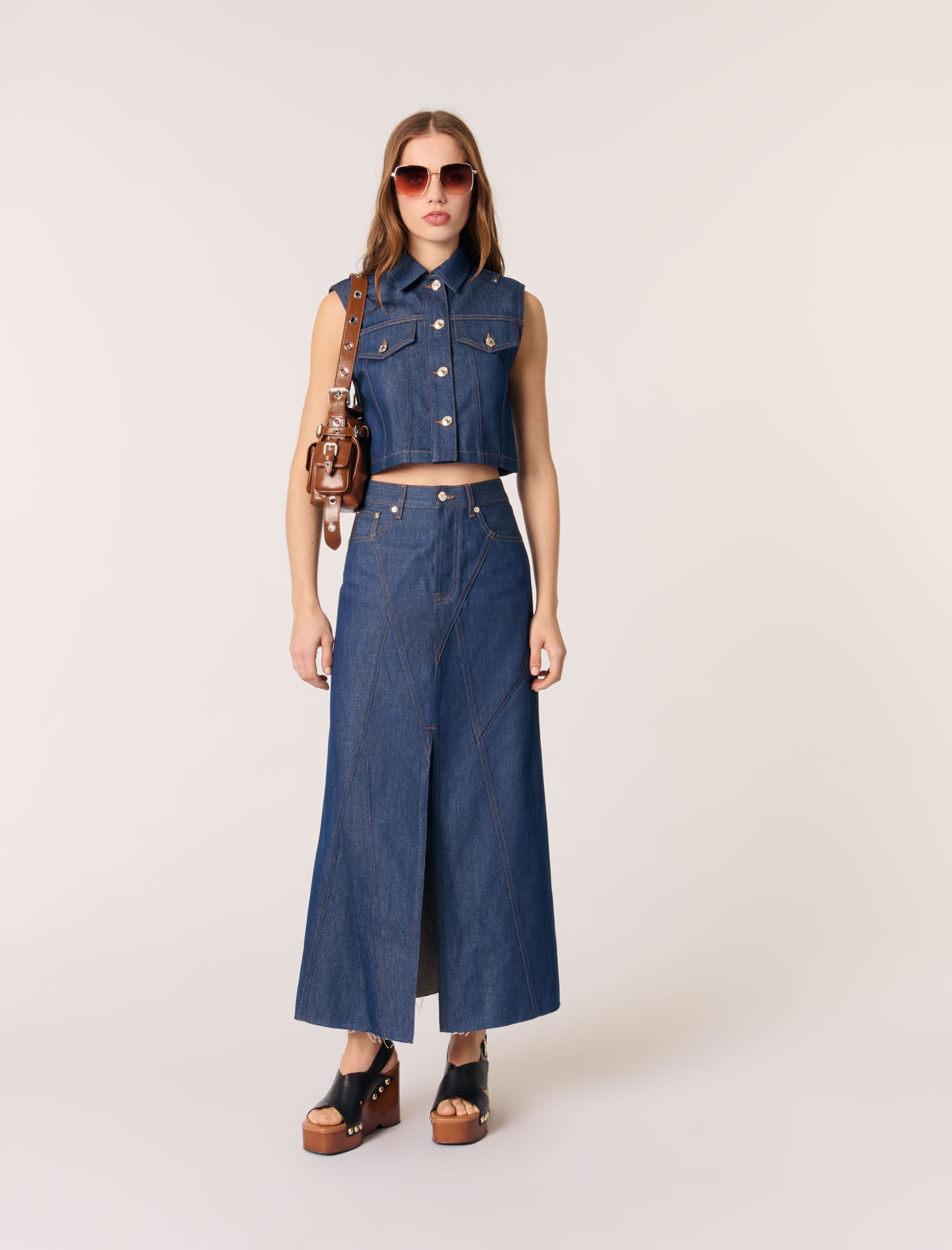 Maje Woman's cotton Denim cropped sleeveless jacket for Spring/Summer, in color Navy / Blue