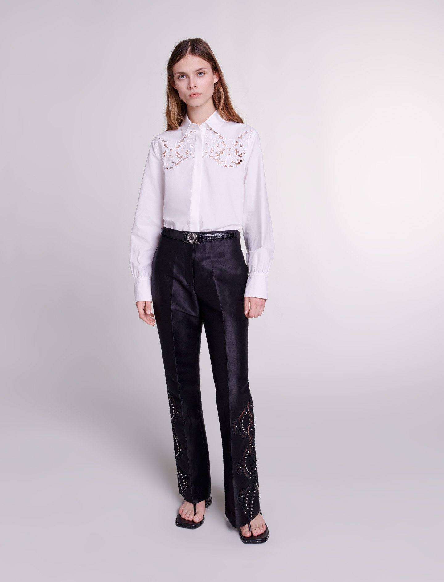 Maje Woman's linen, Openwork flared trousers for Spring/Summer, in color Black / Black