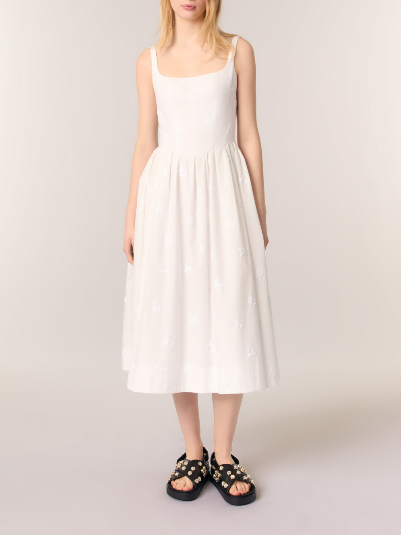Embroidered cotton midi dress White For Women | Maje