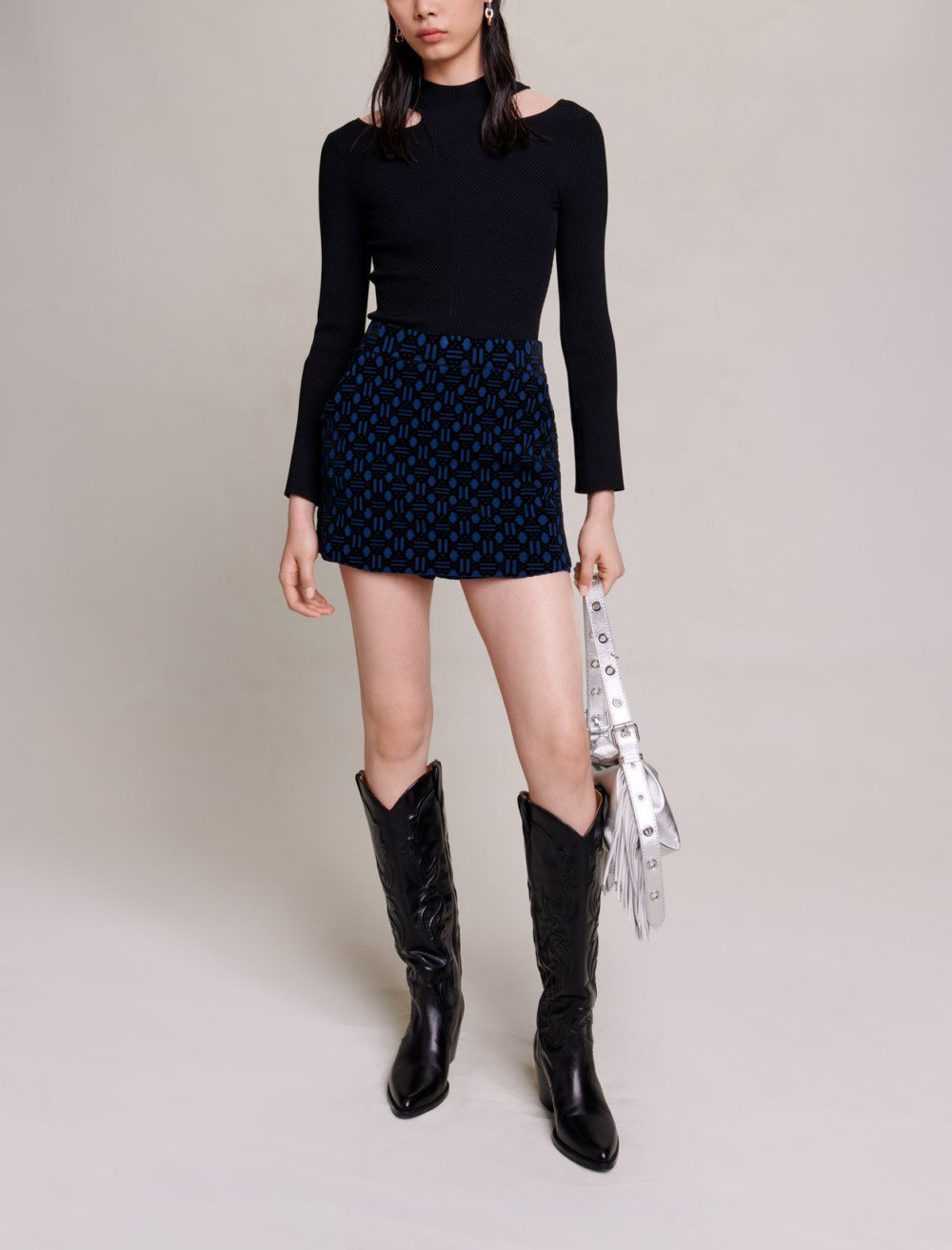 Maje Woman's polyester Velvet jacquard skort for Fall/Winter, in color Blue / black /