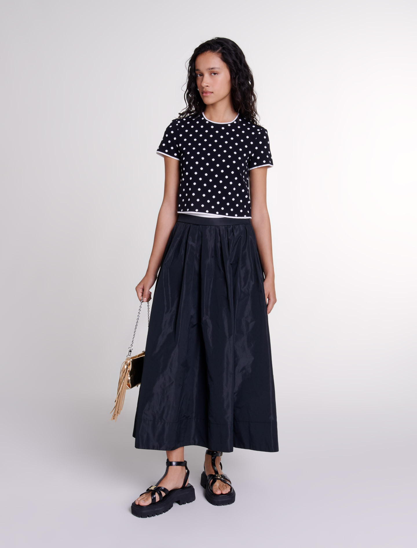 Shop Maje Long Skirt With Contrast Waistband In Black