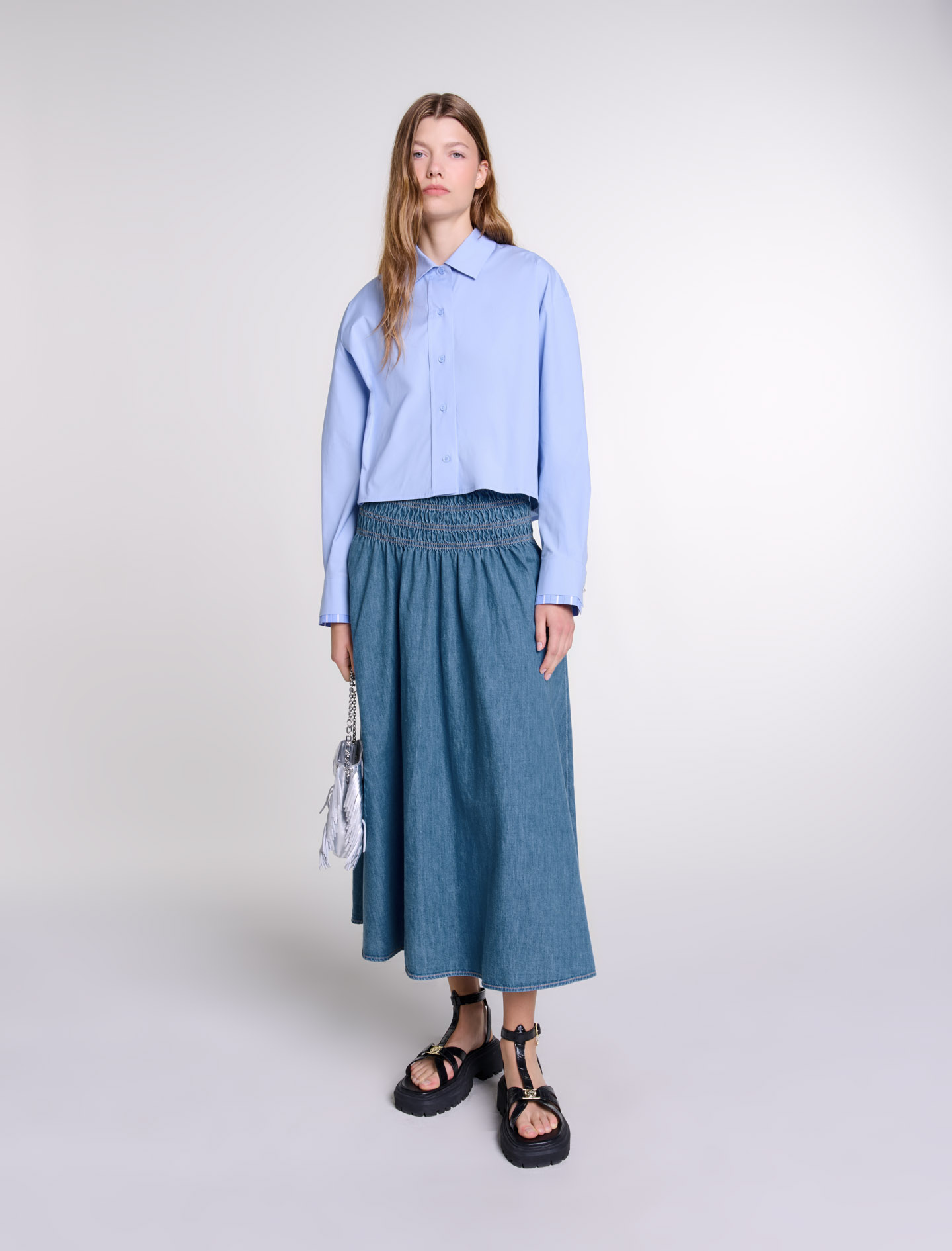 Woman's cotton Elastic: Smocked denim skirt for Fall/Winter, size Woman-Skirts & Shorts-US XL / FR 41, in color Blue Denim /