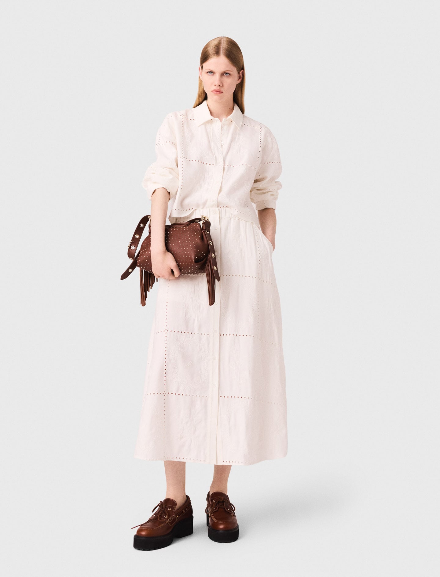 Maje Woman's linen Embroidered midi skirt for Fall/Winter, in color White / White