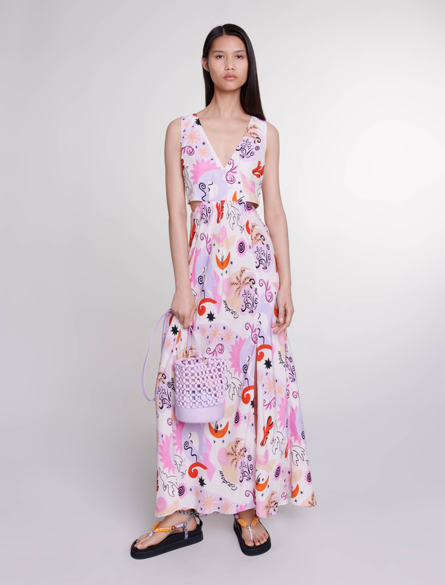 Maje Woman's silk Buttons: Cutaway silk maxi dress for Spring/Summer, in color Paradisio Print /