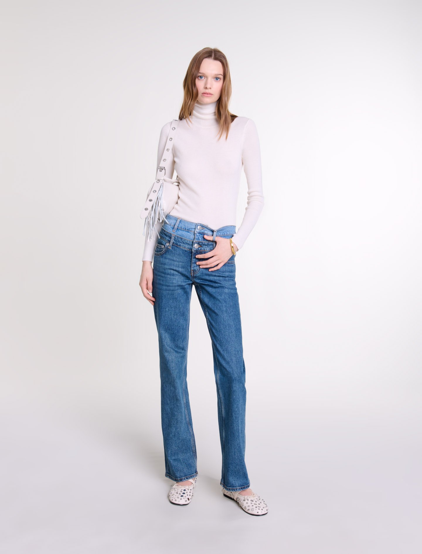 Woman's cotton, Double waistband jeans for Fall/Winter, size Woman-Pants & Jeans-US L / FR 40, in color Blue / Blue