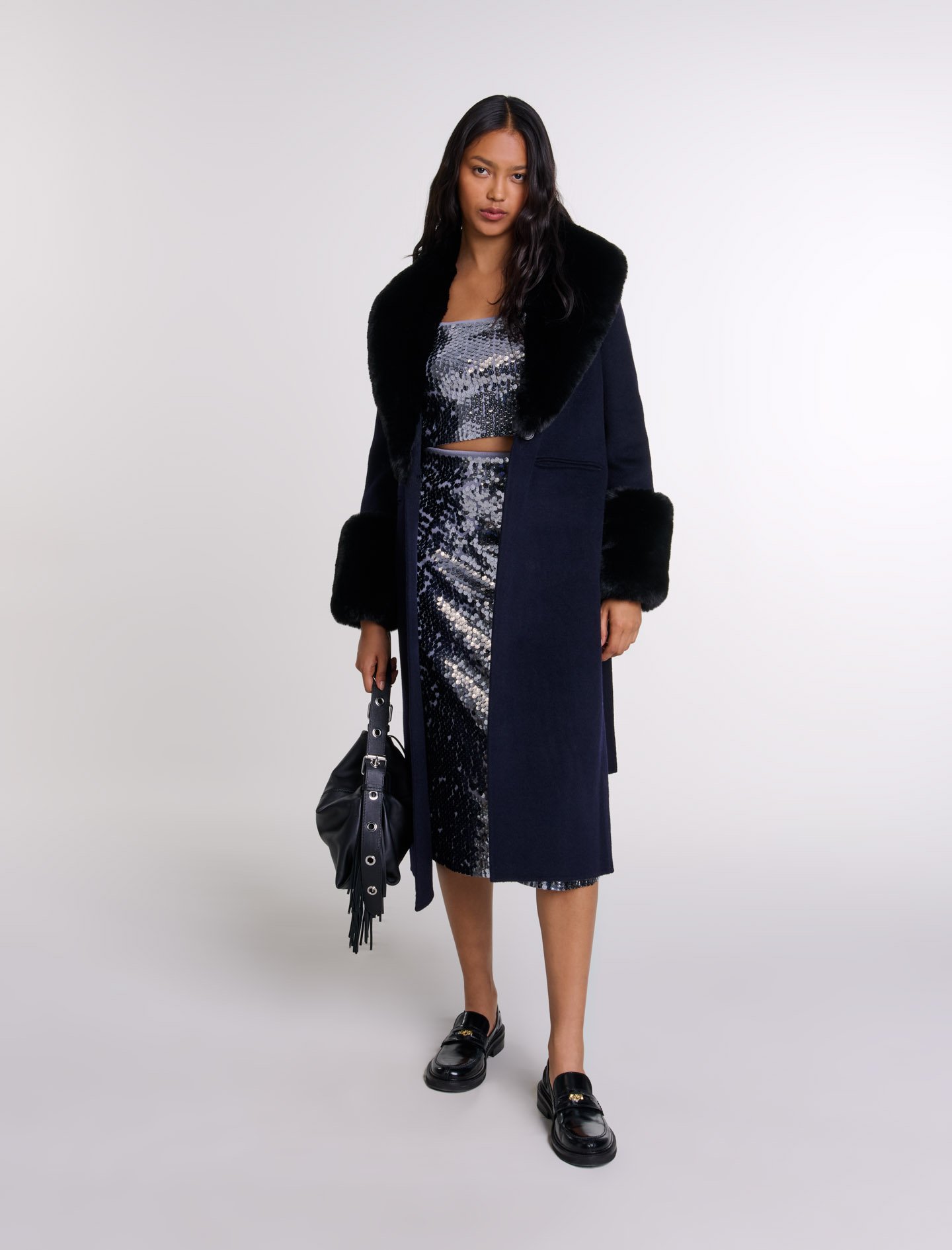 Woman's wool, Double-faced faux fur coat for Fall/Winter, size Woman-Coats-US XS / FR 34, in color Navy / Blue