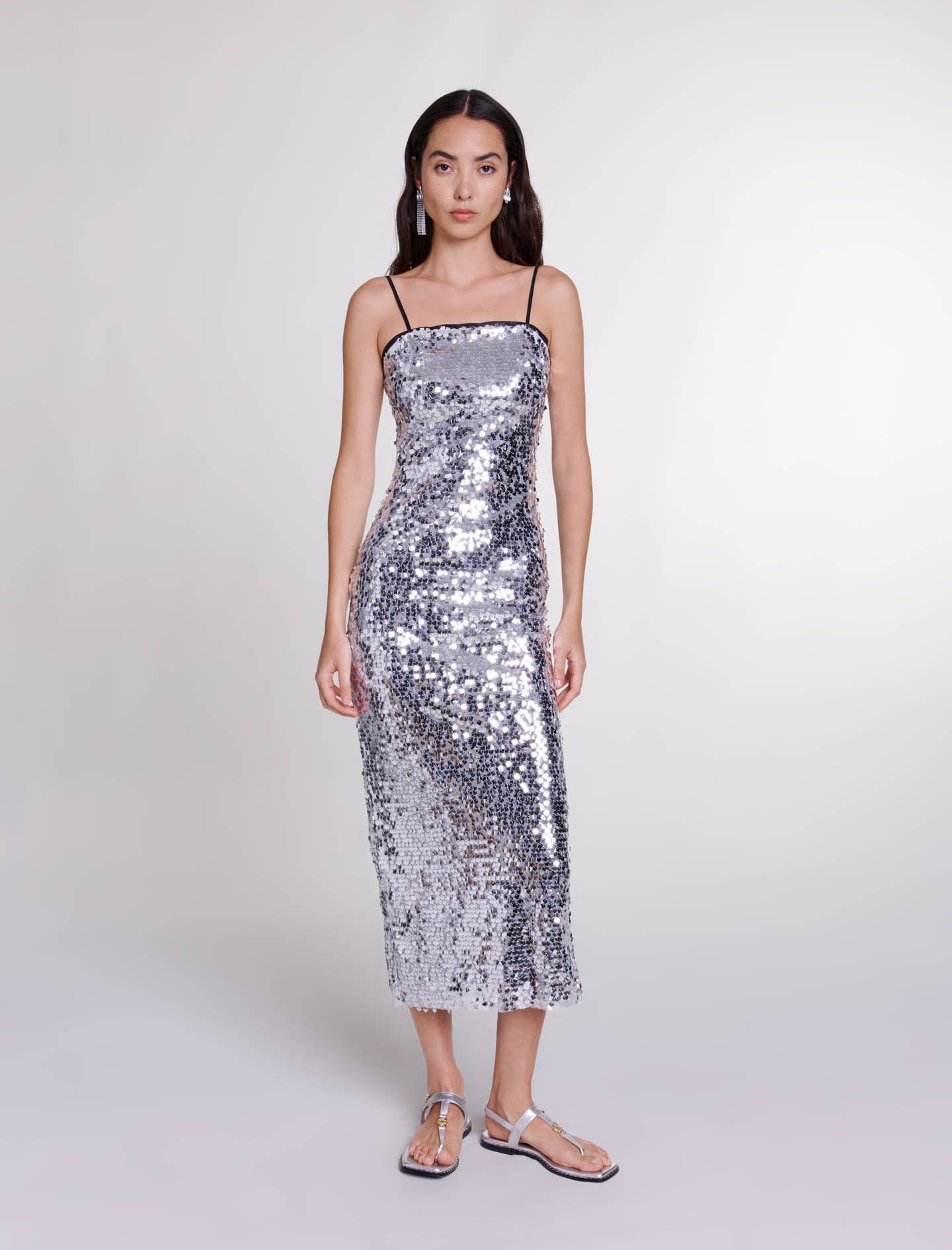 Woman's polyester Lining: Sequin maxi dress for Spring/Summer, size Woman-Dresses-US XL / FR 41, in color Silver / Grey