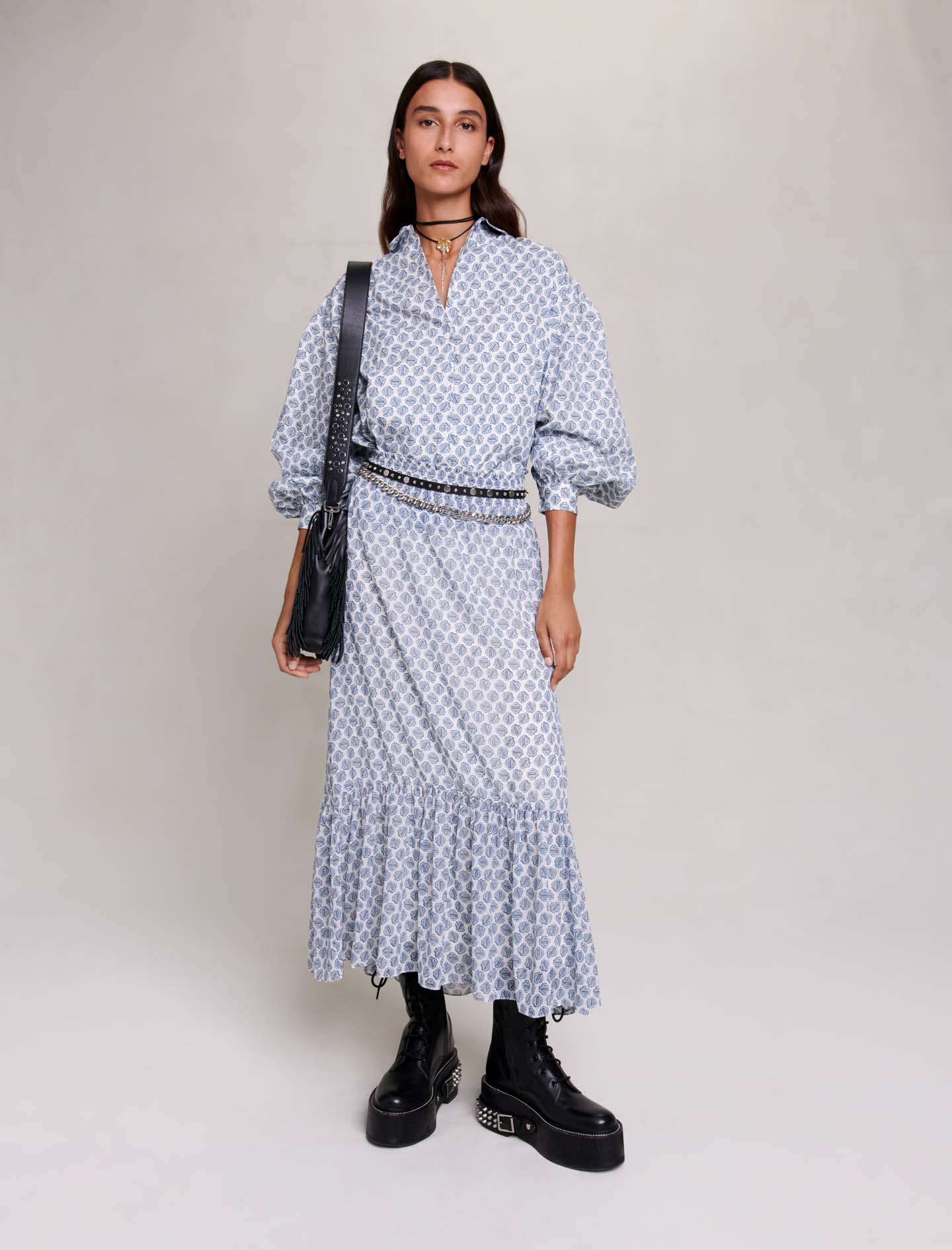 Maje Woman's polyester Long asymmetric skirt for Fall/Winter, in color Clover monogram ecru/blue /