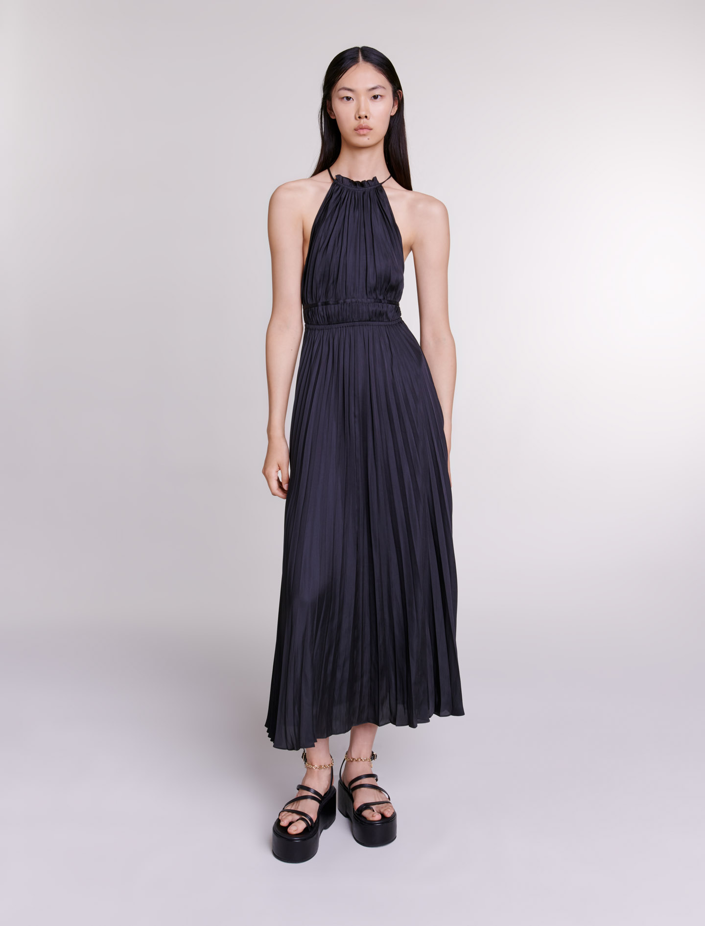 Maje Woman's polyester Pleated satin maxi dress for Spring/Summer, in color Black / Black