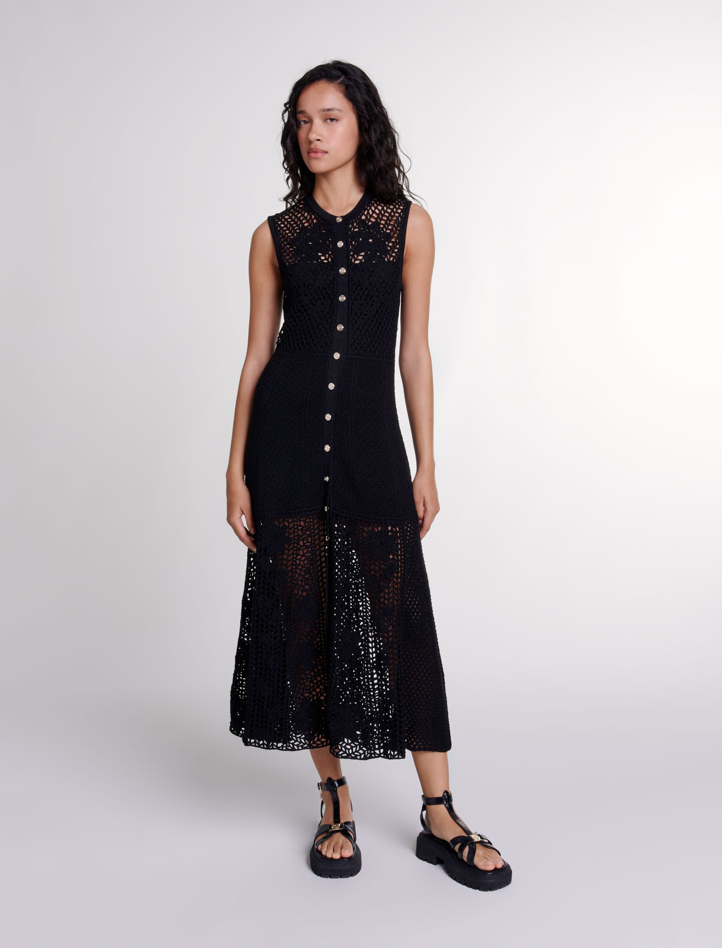 Maje Crochet-knit Maxi Dress For Fall/winter In Animal Print