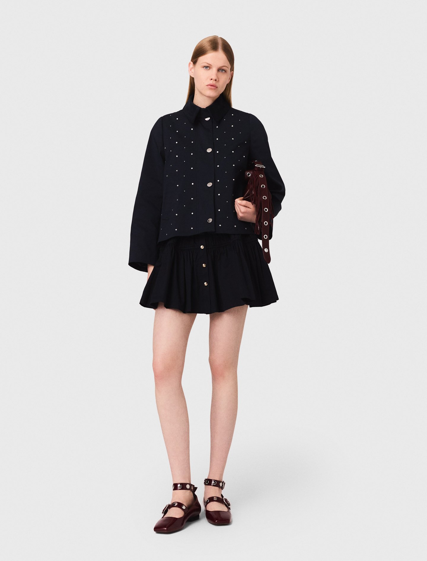 Woman's cotton Cropped velvet collar jacket for Fall/Winter, size Small, in color Navy / Blue