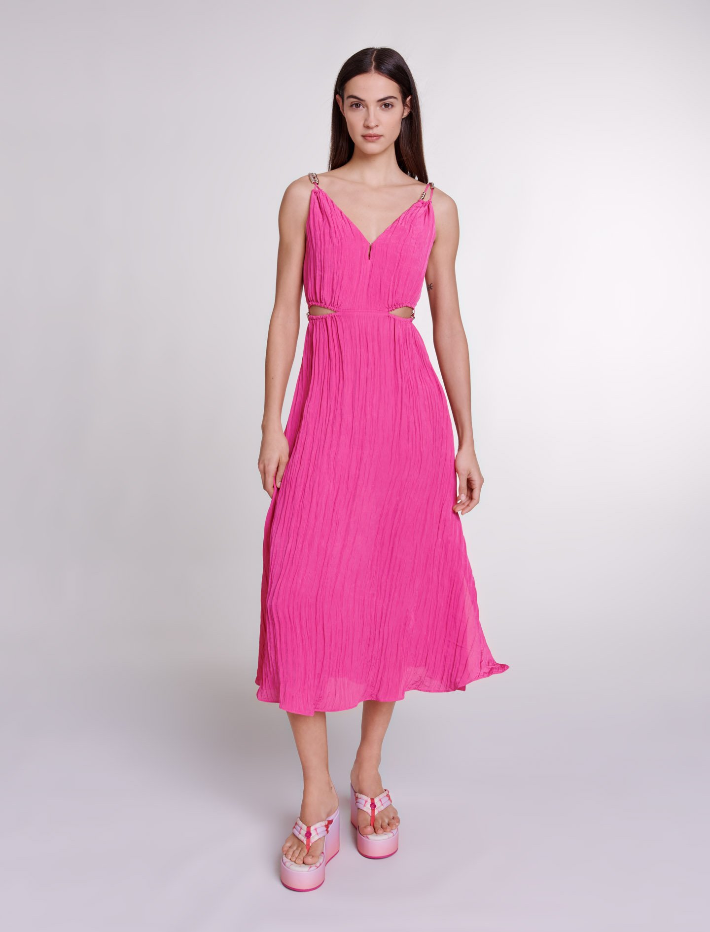 Shop Maje Openwork Midi Dress For Spring/summer In Pink
