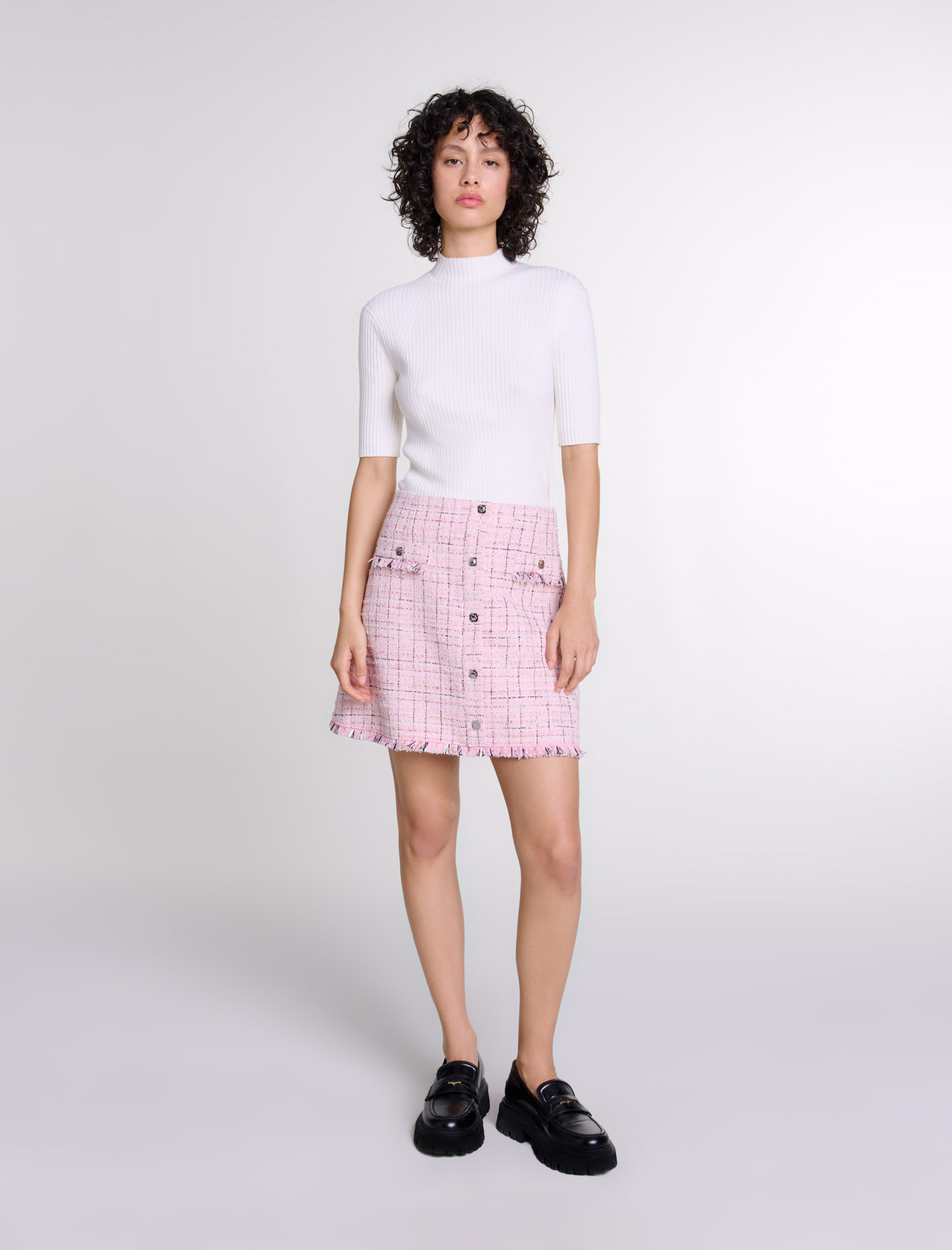 Woman's cotton, Tweed skirt with belt for Fall/Winter, size Woman-Skirts & Shorts-US XL / FR 41, in color Pink / Red