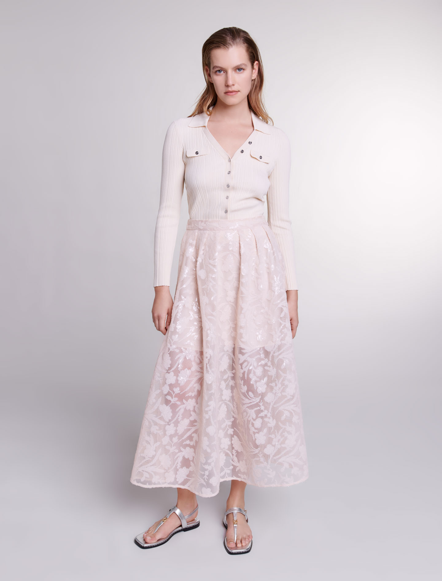 Maje Woman's polyester Sequins: 224JUPON for Spring/Summer, in color Beige / Beige