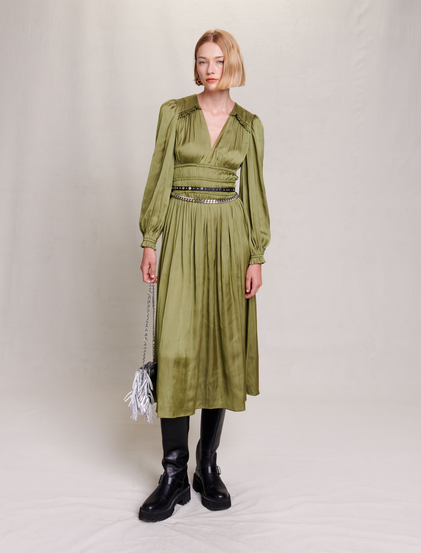 Woman
s polyester Satin-effect ruffled midi dress for Fall/Winter, size Woman-See All-US XL / FR 41, in color Khaki / Beige