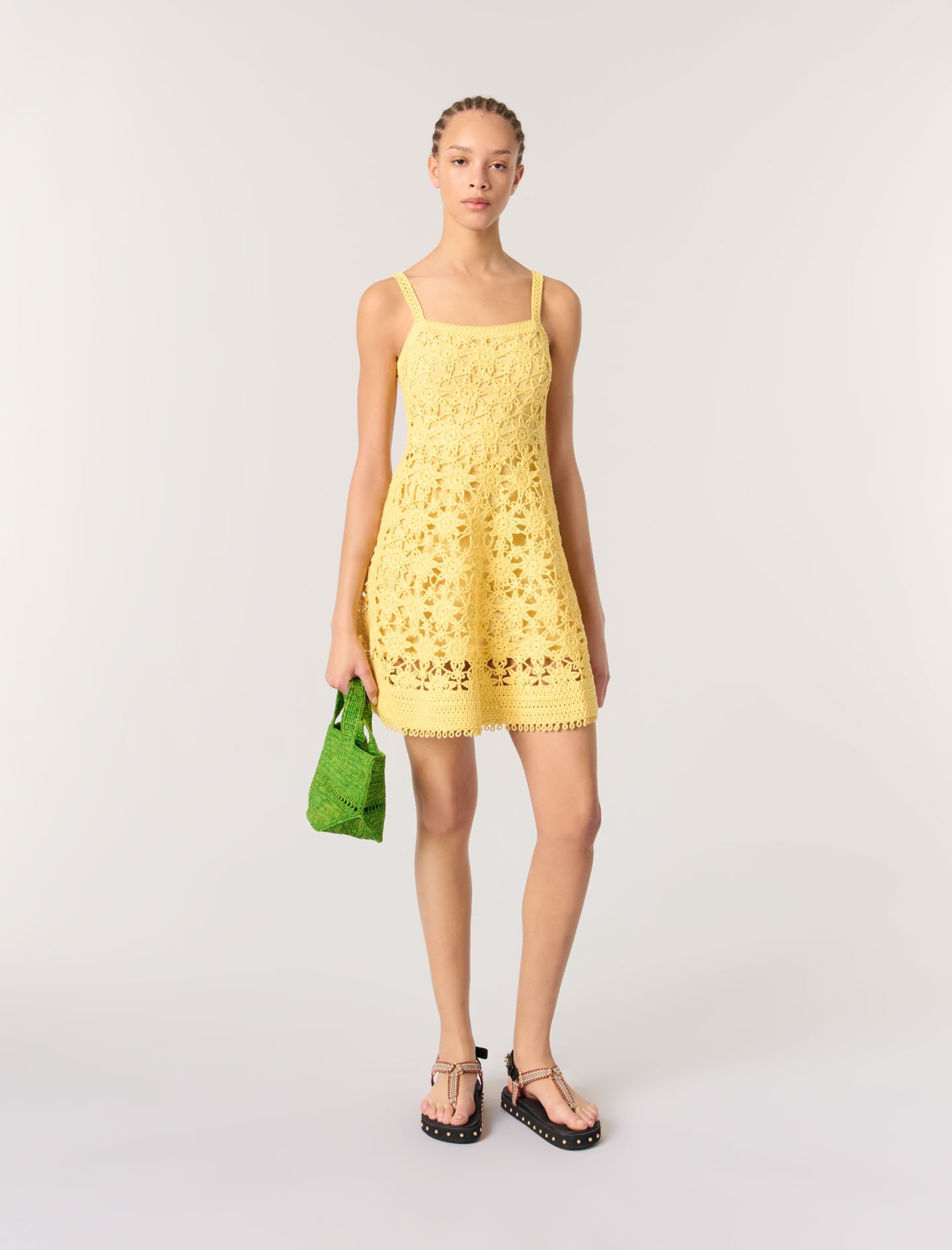 Woman's cotton Crochet strappy mini dress for Spring/Summer, size Extra Small, in color Yellow banana /