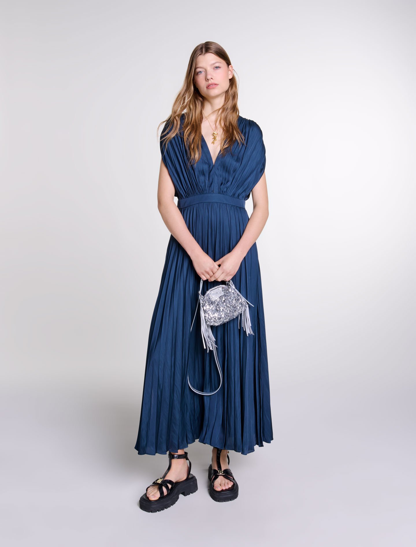 Woman's polyester Pleated maxi dress for Fall/Winter, size Woman-Dresses-US XL / FR 41, in color Navy / Blue