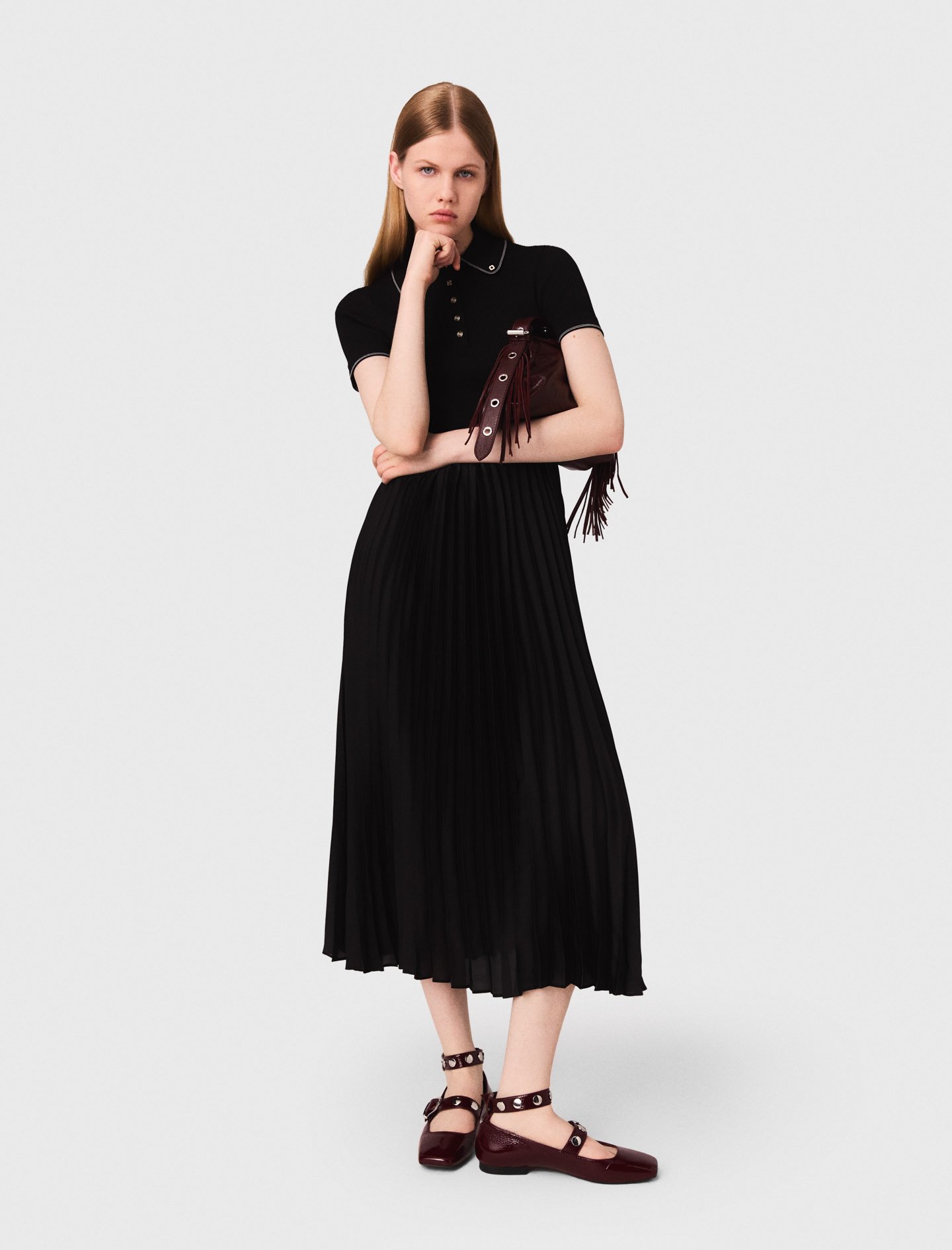 Pleated maxi dress with polo collar Black / Gray For Women | Maje