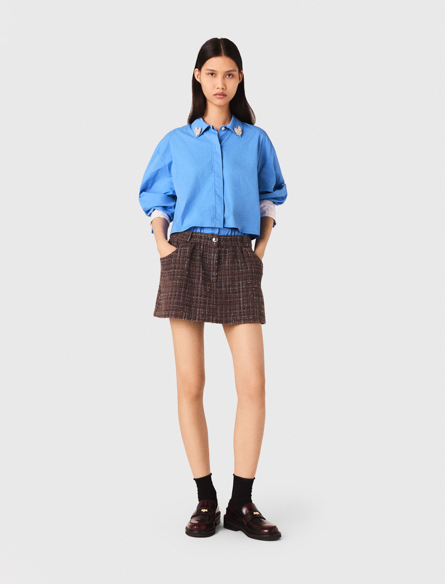 Maje Woman's cotton Tweed shorts with elasticated waistband for Fall/Winter, in color Brown / Brown