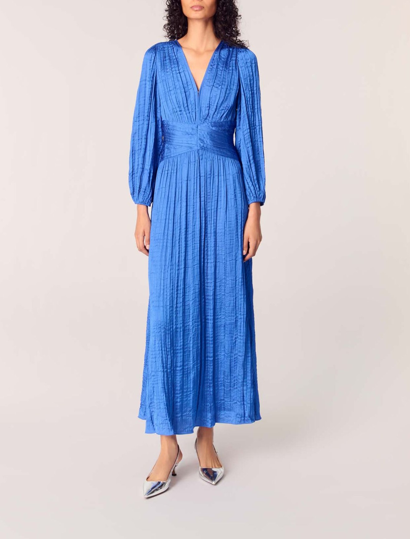 Pleated satin maxi dress Blue For Women | Maje