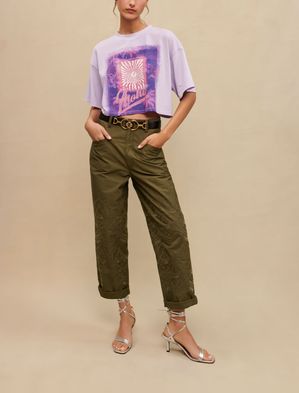 Woman
s cotton Palm-tree print cropped T-shirt for Spring/Summer, size Woman-See All-US L / FR 3, in color Parma Violet / Red