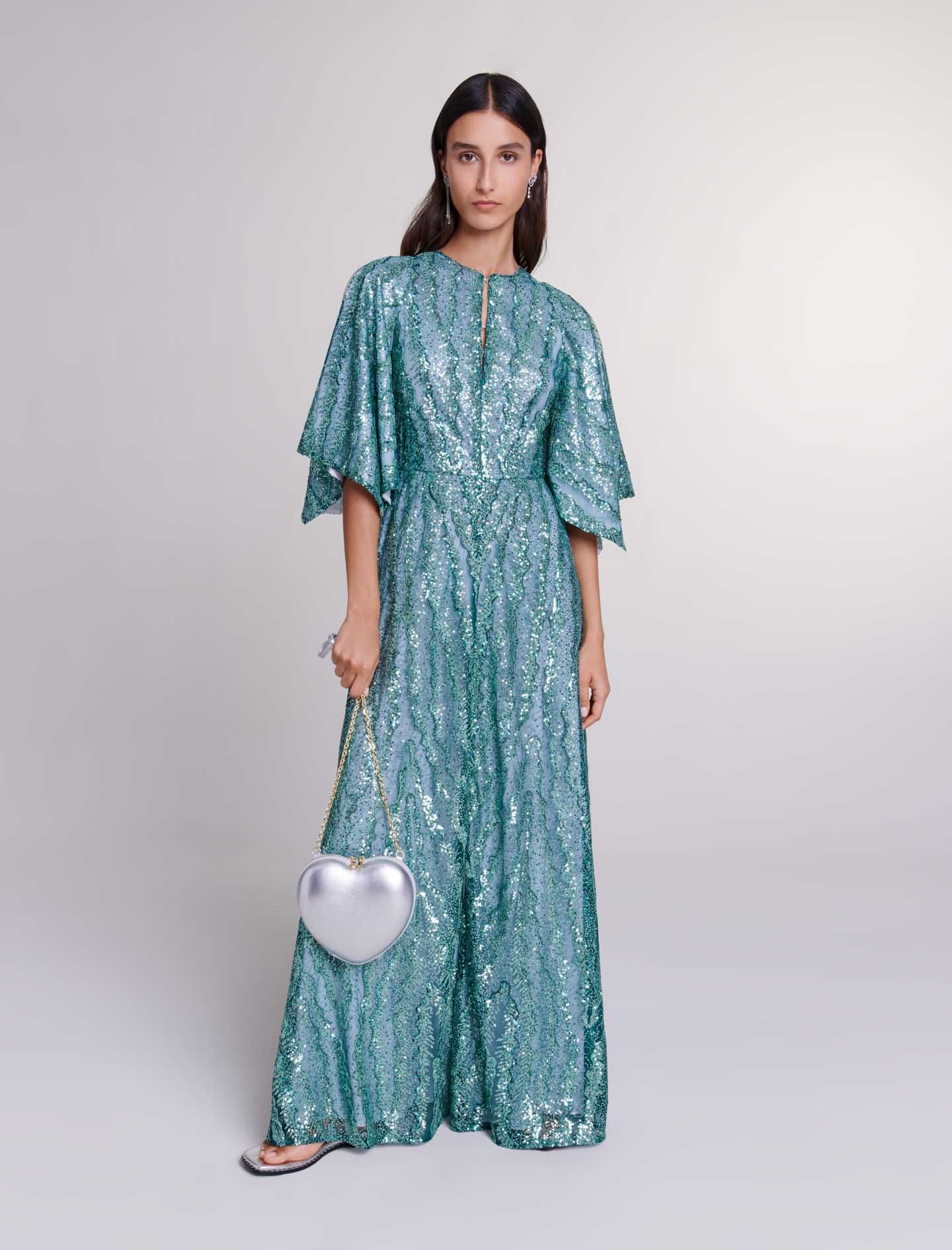 Maje Woman's polyamide Lining: Sequin maxi dress for Spring/Summer, in color Green / Grey