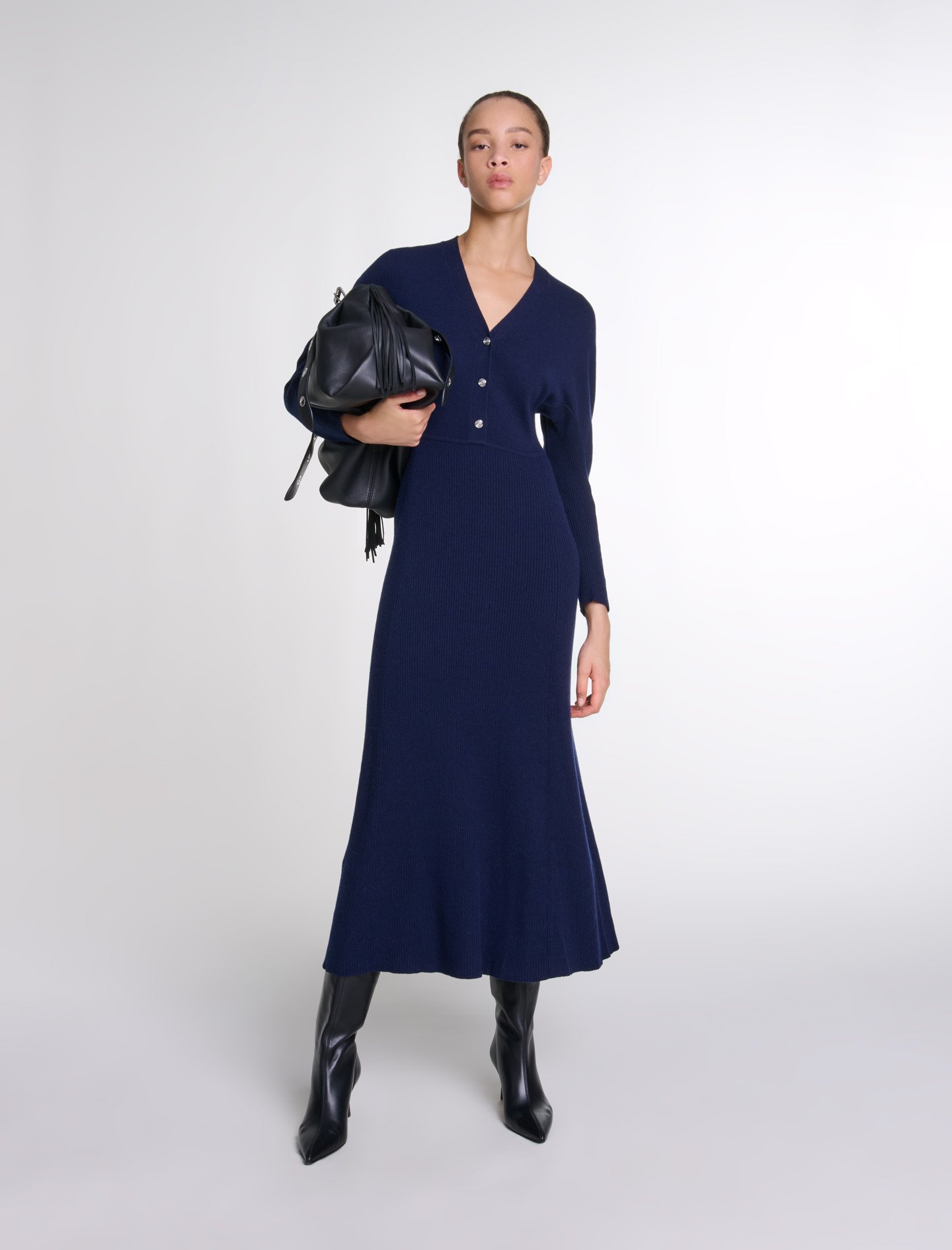 Woman's polyamide, Knit maxi dress for Fall/Winter, size Woman-Maxi dresses-US XL / FR 41, in color Navy / Blue