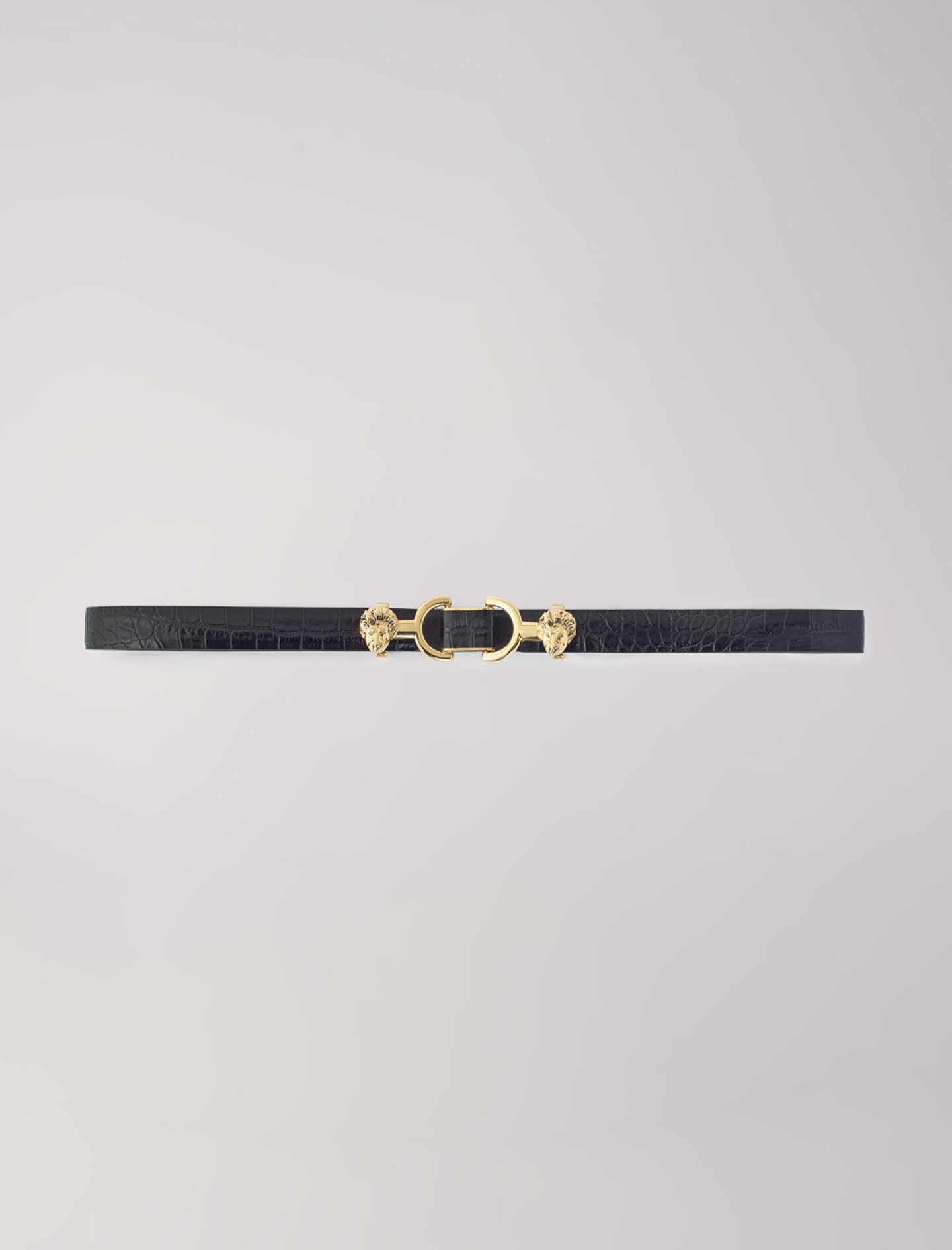 Woman's polyester Coating: Embossed leather and lion horsebit belt for Spring/Summer, size Woman-Belts-US L / FR 3, in color Black / Black