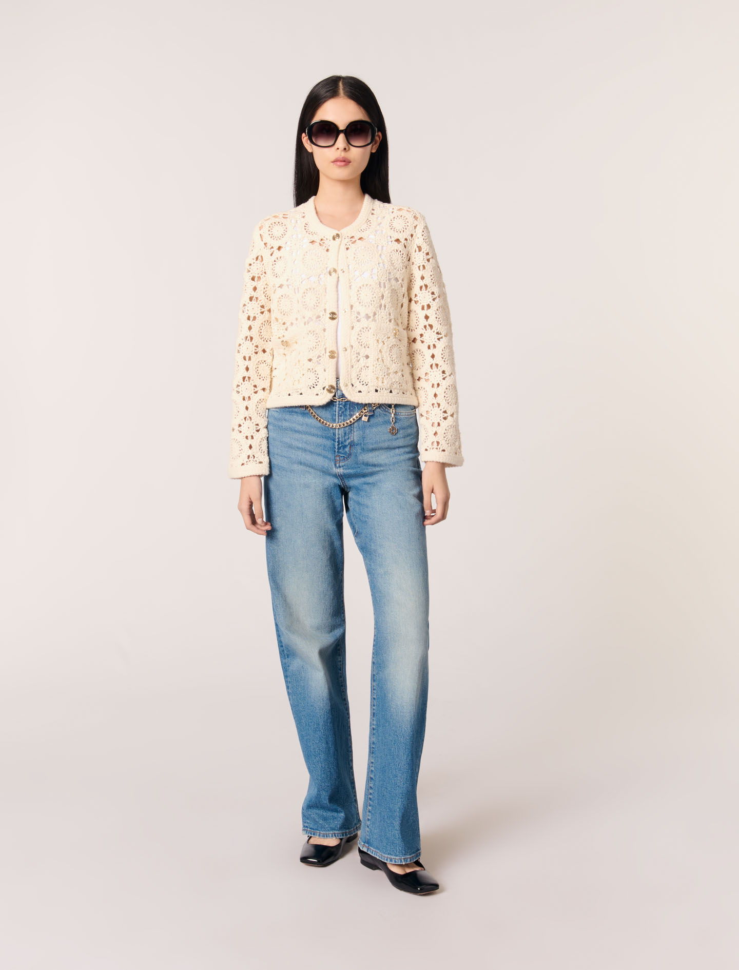 Maje Woman's cotton Crochet cropped cardigan for Spring/Summer, in color Ecru / Beige