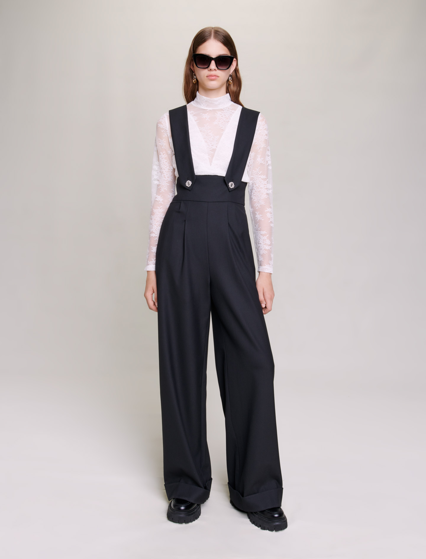 Maje Woman's polyester, Wide-leg trousers with braces for Fall/Winter, in color Black / Black
