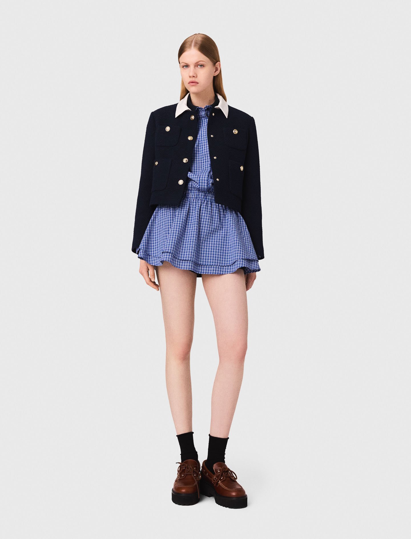Maje Woman's Cotton Short Tweed Jacket, Removable Col For Fall/winter