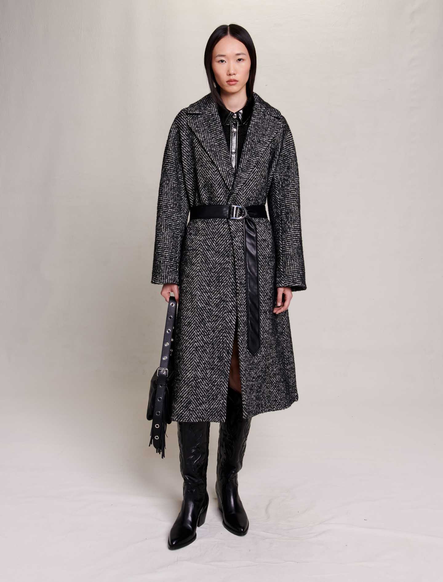 Maje Woman's polyester, Long herringbone coat for Fall/Winter, in color Black/White / Black
