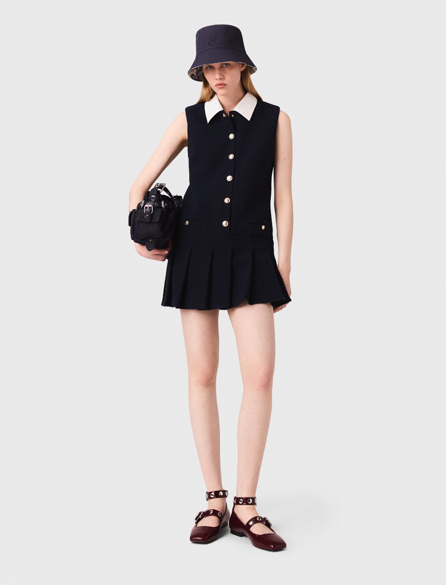 Woman's cotton Short tweed dress, removable collar for Fall/Winter, size Extra Small, in color Navy / Blue