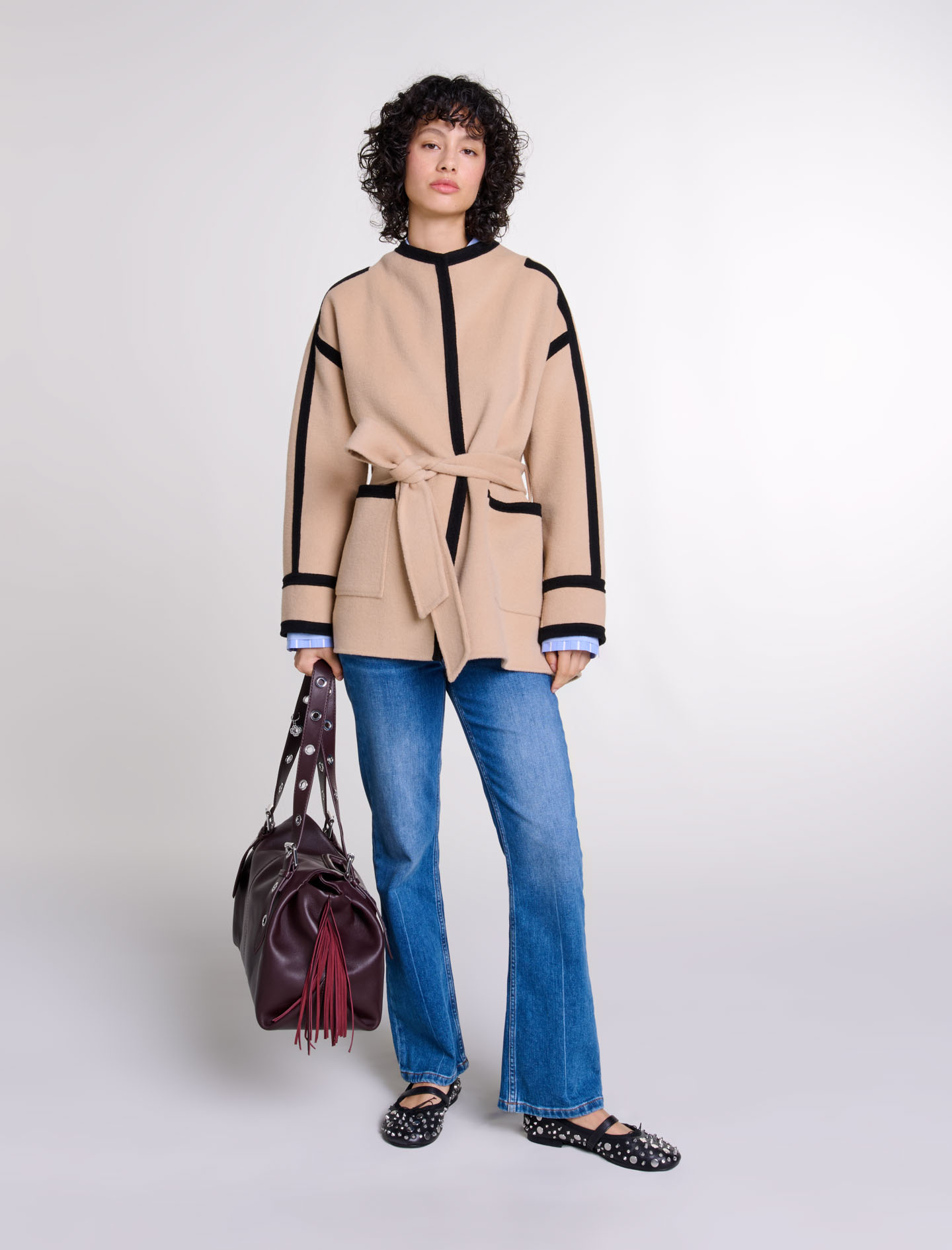 Woman's wool, Short two-tone coat for Fall/Winter, size Woman-Coats-US L / FR 40, in color Camel / Brown