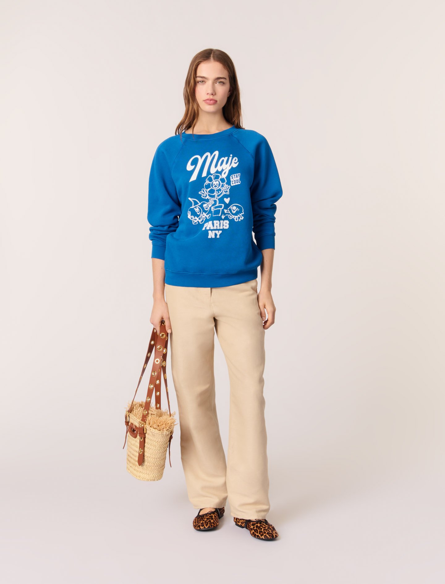 Woman's cotton, Maje Paris sweatshirt for Spring/Summer, size Woman-Sweaters & Cardigans-US L / FR 3, in color Blue / Blue