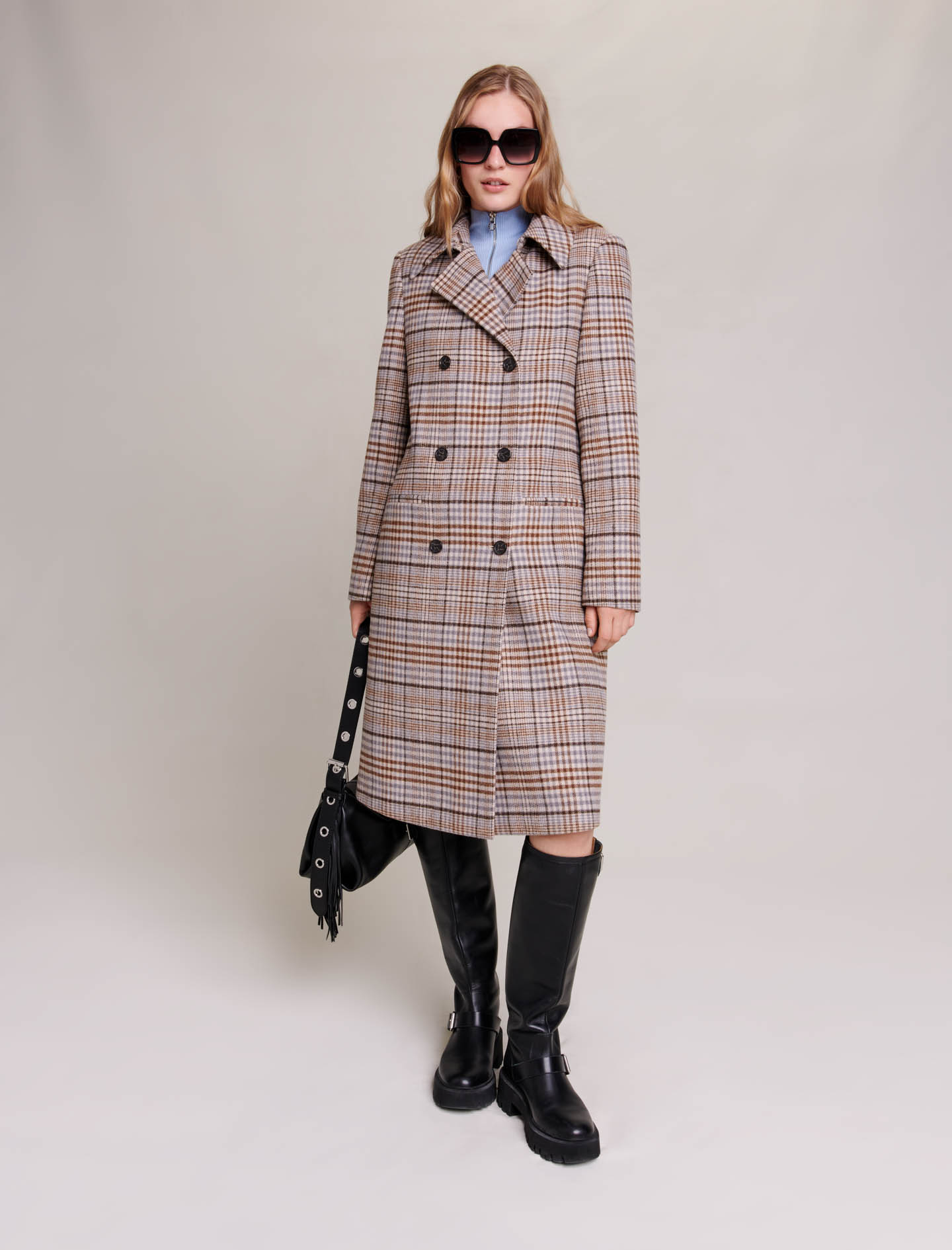 Maje Woman's polyester Lining: Long checked coat for Fall/Winter, in color Beige / Beige