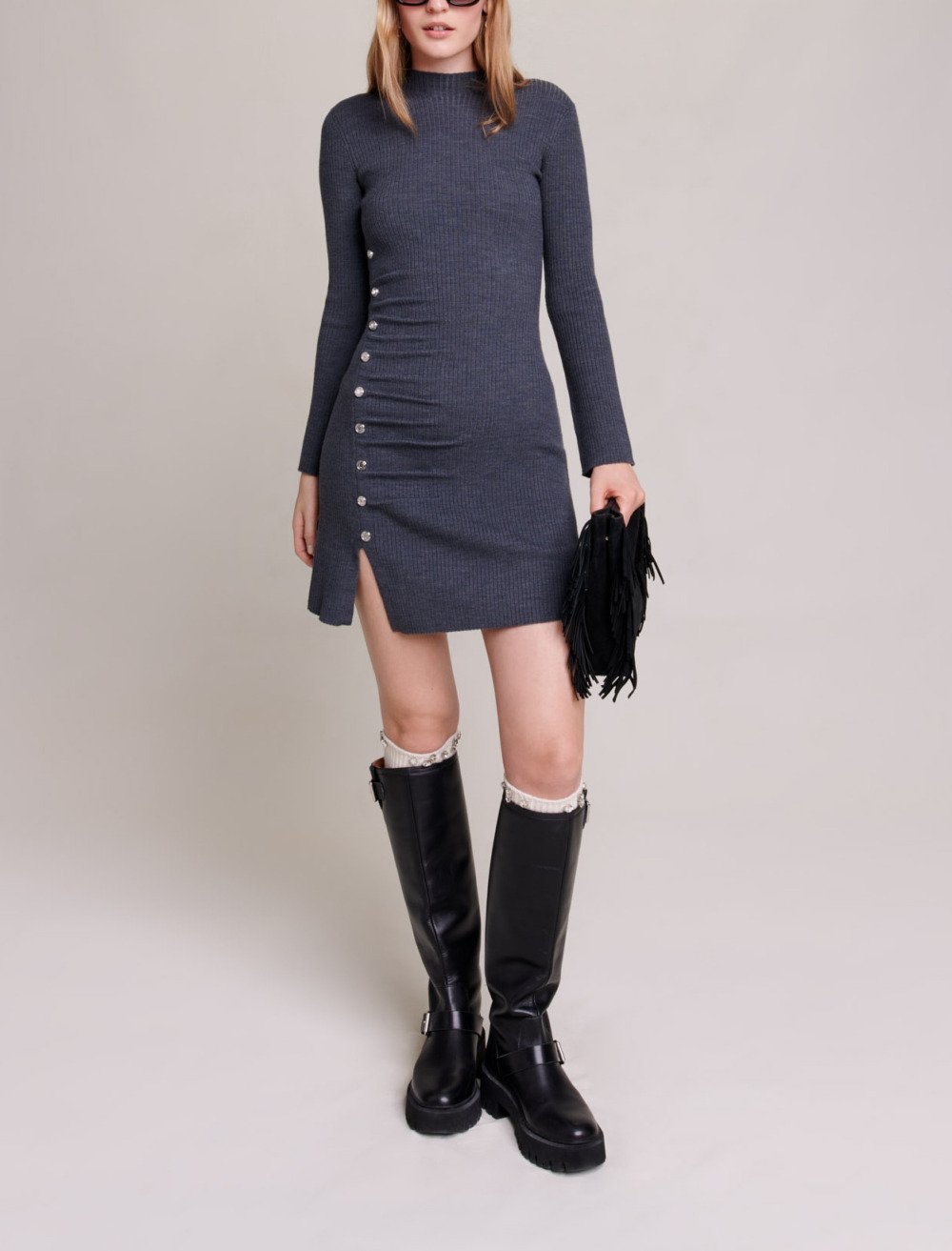 Maje Woman's acrylic Short knit dress for Fall/Winter, in color Dark Grey /