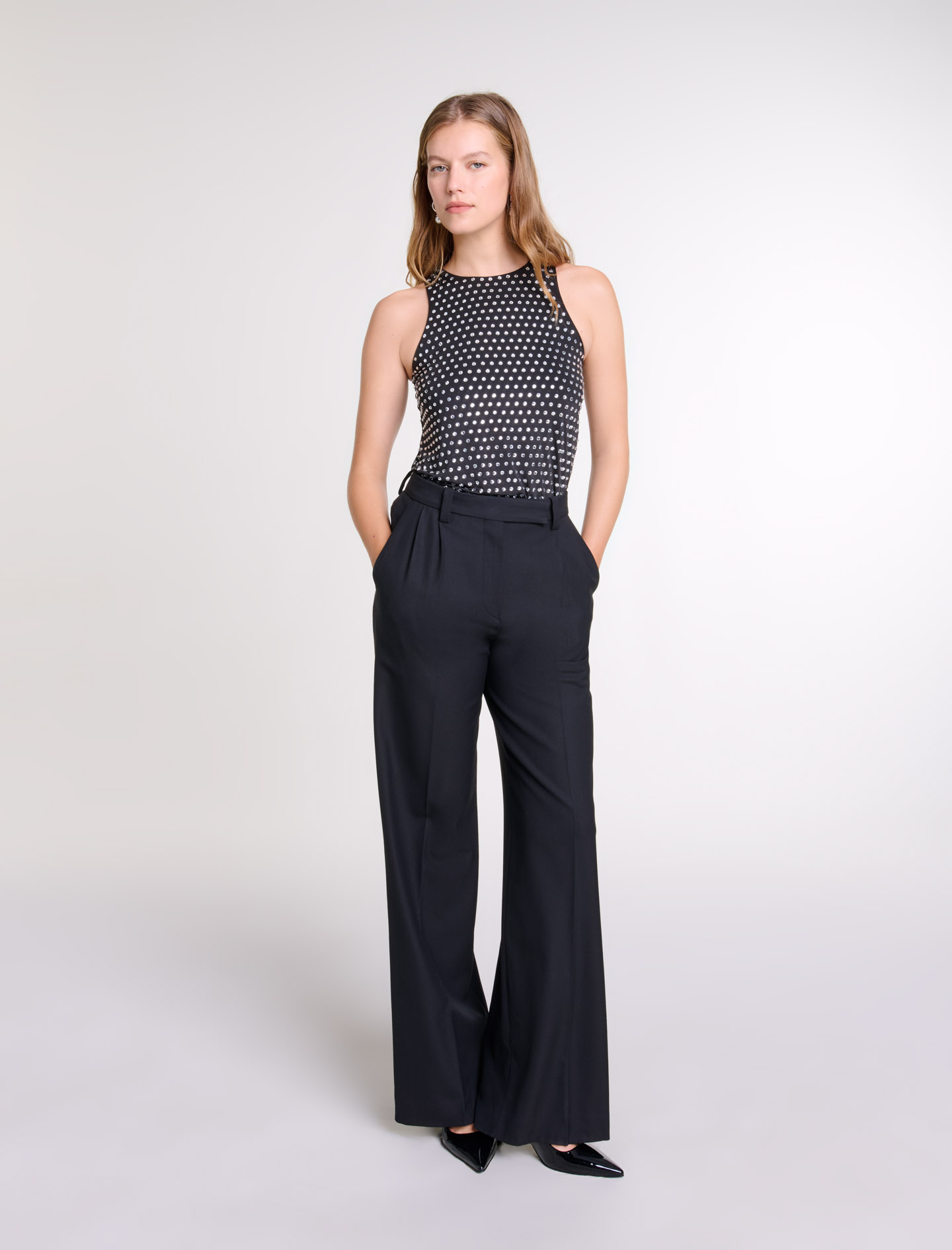 Woman's polyester, Wide-leg suit trousers for Fall/Winter, size Woman-Pants & Jeans-US XL / FR 41, in color Black / Black