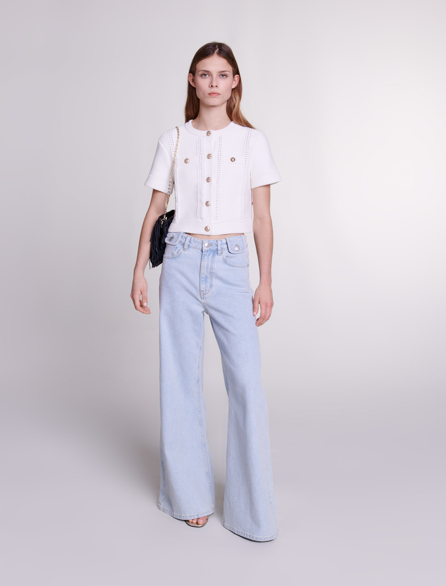 Shop Maje Short-sleeved Knit Cardigan For Spring/summer In White