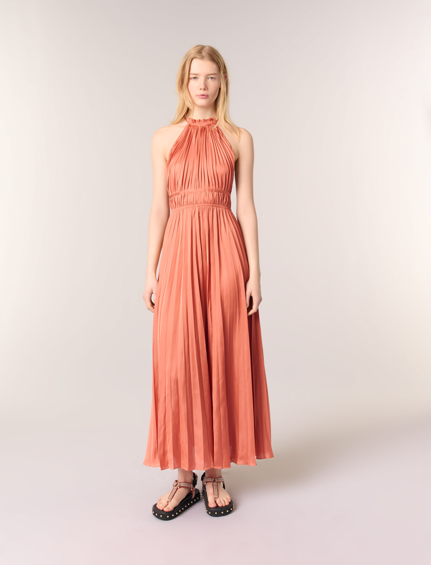 Woman
s polyester Pleated maxi dress for Spring/Summer, size Woman-Maxi dresses-US XL / FR 41, in color Terracota / Red