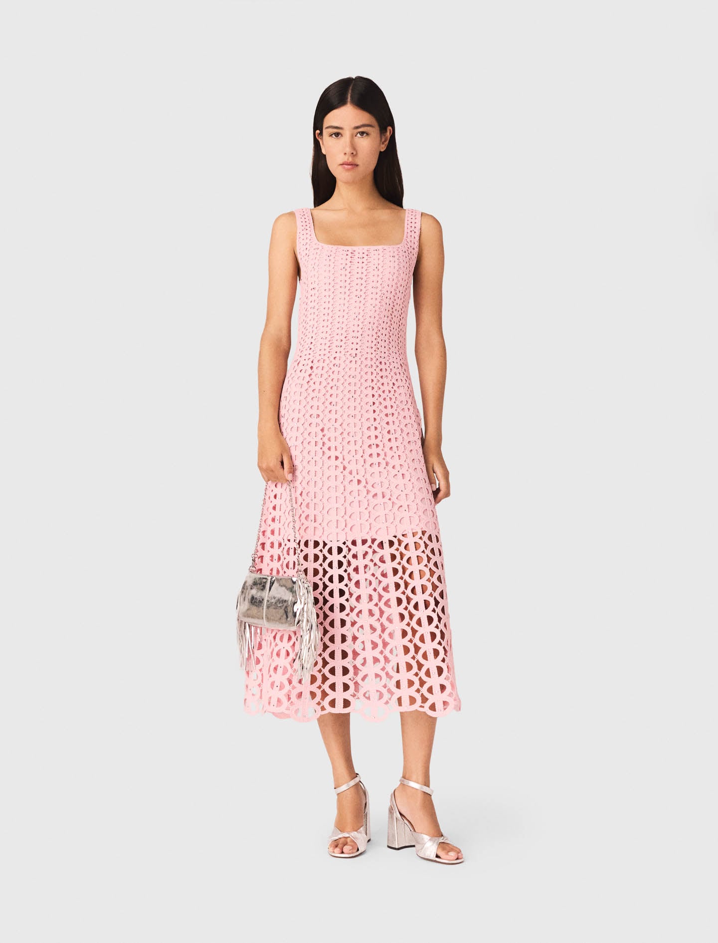 Rhinestone crochet midi dress Pink For Women | Maje