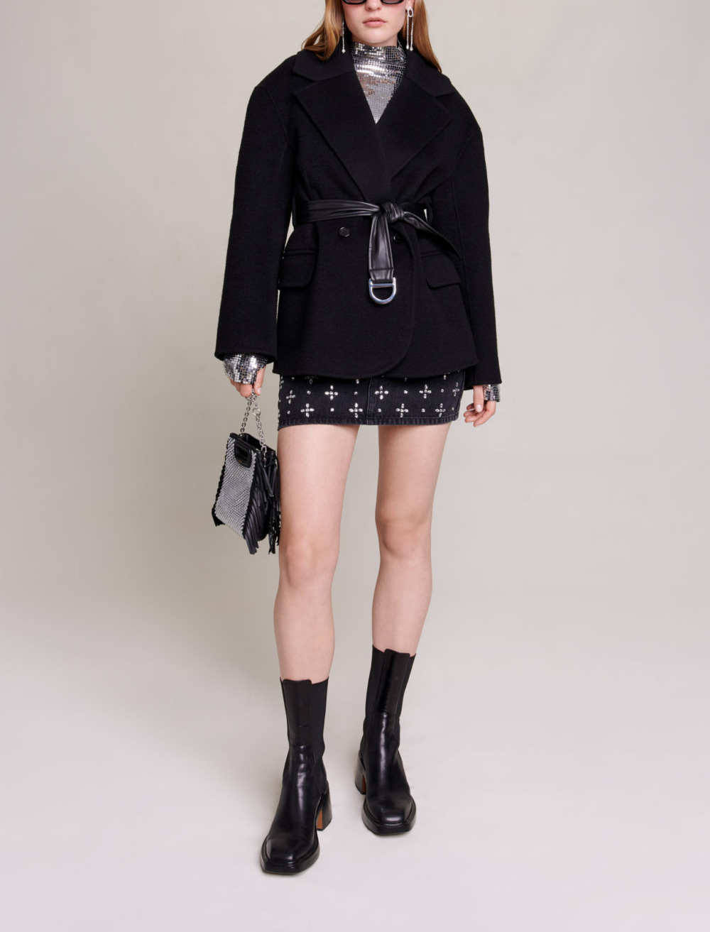 Woman
s wool, Short tied coat for Fall/Winter, size Woman-See All-US L / FR 40, in color Black / Black