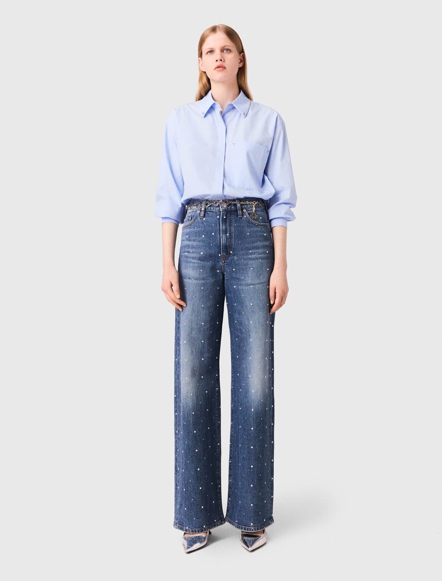 Woman's cotton Wide-leg denim jeans with studs for Fall/Winter, size Extra Small, in color Blue / Blue