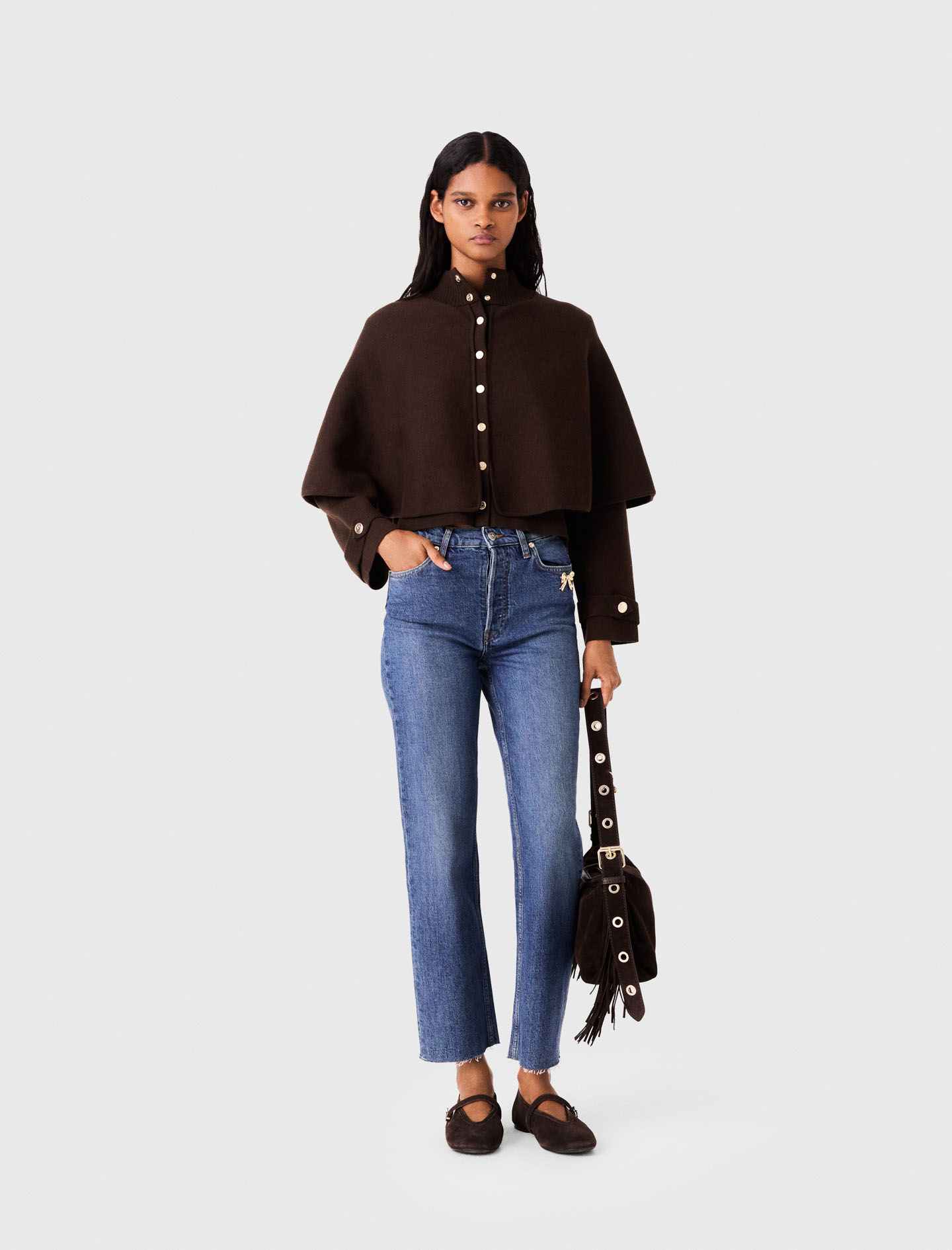 Maje Cape-effect Cardigan In Dark Brown