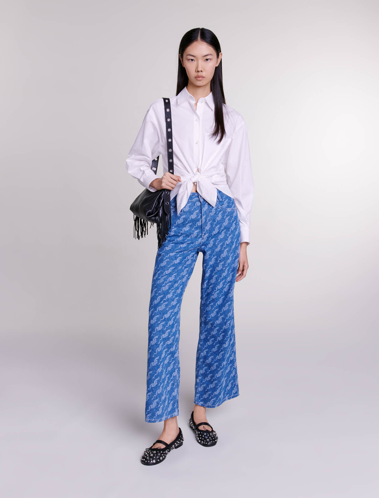 Maje Woman's cotton Pocket lining: Wide-leg patterned jeans for Spring/Summer, in color Blue / Blue